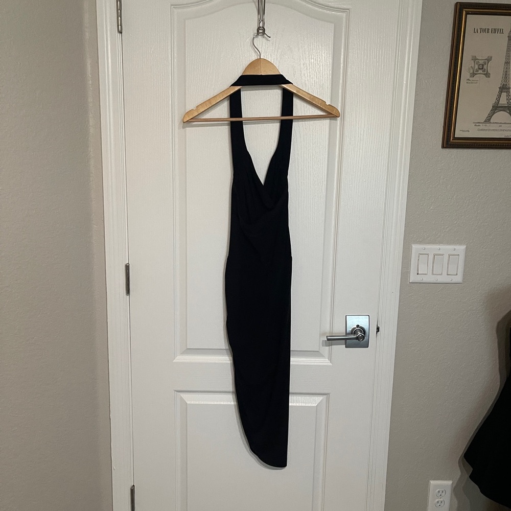 NORMA KAMALI Cayla Side Drape Dress Elegant Black Halter Stretch Bodysuit Small - Picture 5 of 11